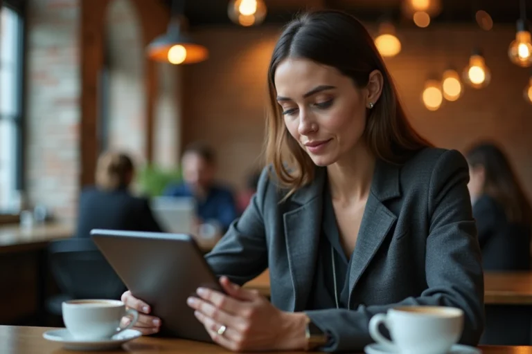 Femme consultant les actualités mondiales sur une tablette dans un café urbain moderne