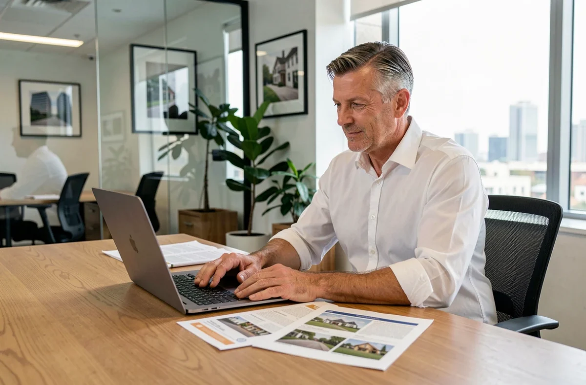 Agent immobilier senior analysant des annonces dans une agence immobilière moderne, marché immobilier 2024