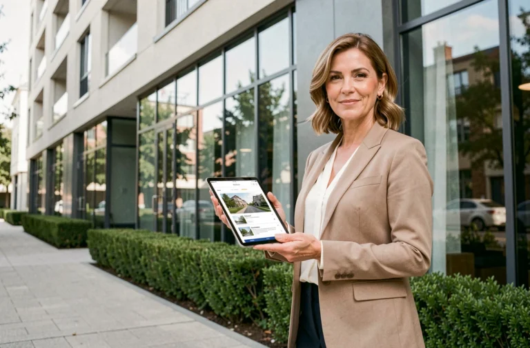 Agente immobilière tenant une tablette devant un immeuble moderne, illustrant les tendances immobilières 2024