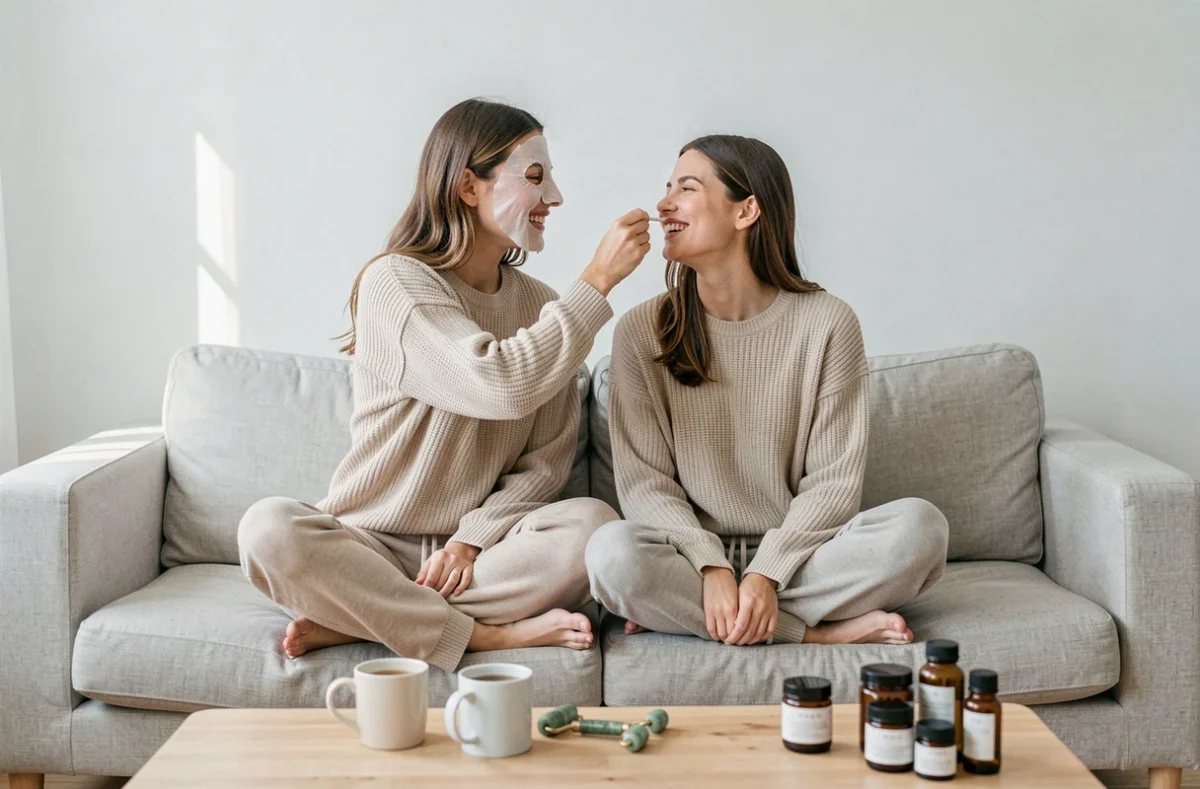 Deux amies réalisant un masque de soin visage ensemble sur un canapé lors d'une routine beauté décontractée à la maison