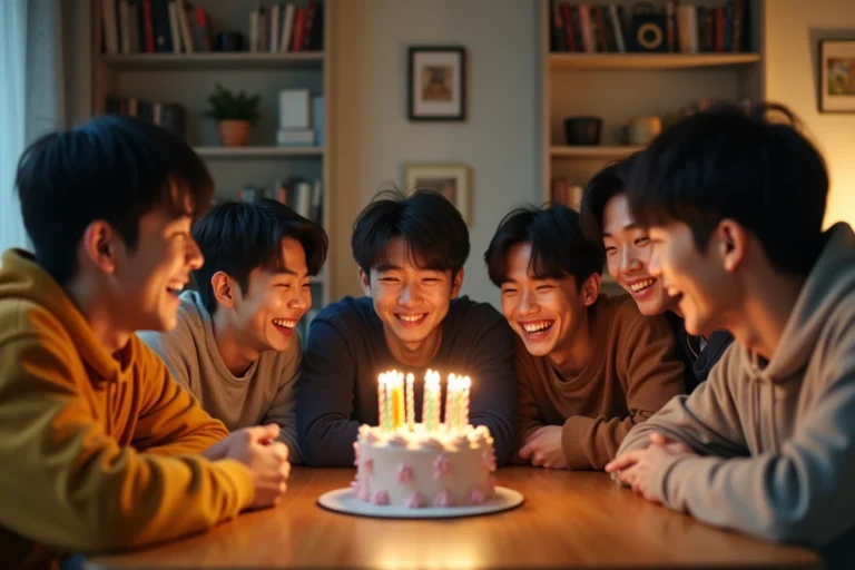 Groupe d'amis sud-coréens autour d'un gâteau d'anniversaire