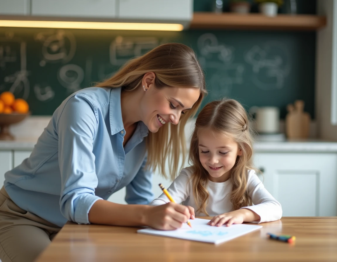 Babysitter de confiance aidant une petite fille à dessiner à la table de cuisine familiale