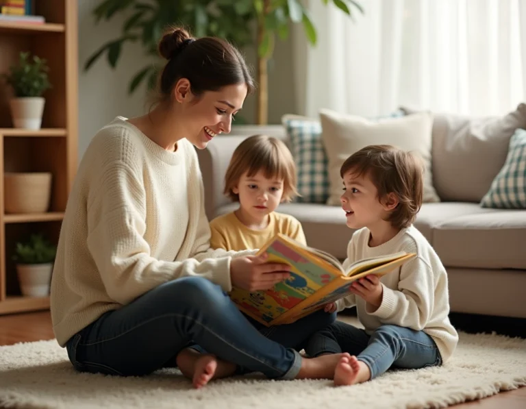 Jeune babysitter lisant un livre illustré à deux enfants dans un salon chaleureux et sécurisant