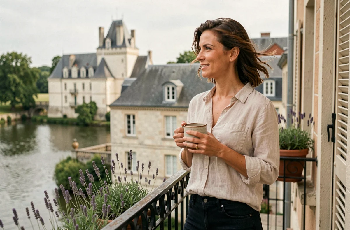 Femme profitant de la vue depuis le balcon d'un appart'hôtel à Amboise avec vue sur le château et la Loire