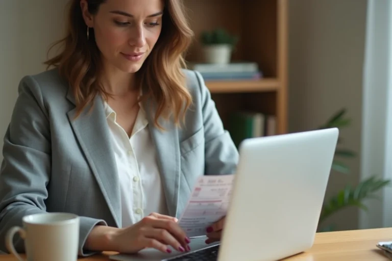 Femme consultant un billet SNCF et effectuant un changement de nom en ligne sur son ordinateur portable