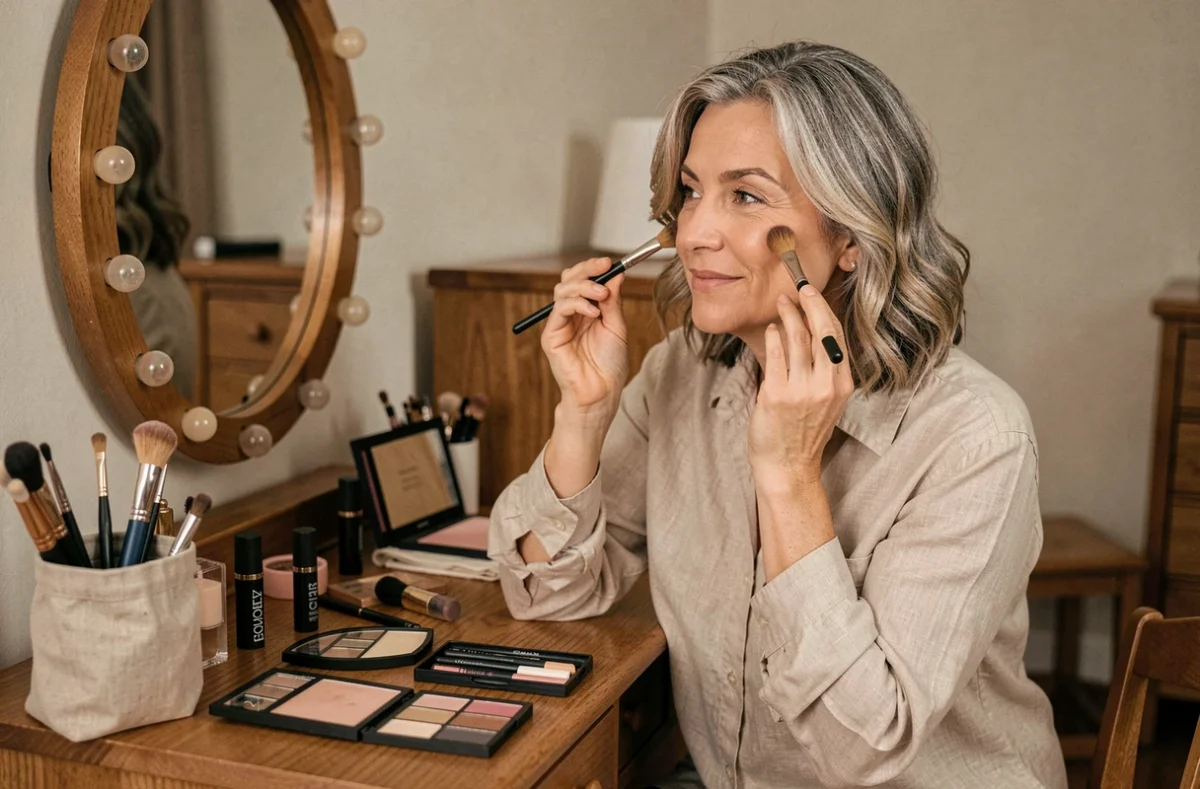 Femme mature appliquant de la poudre avec un pinceau devant une coiffeuse organisée avec des produits de maquillage