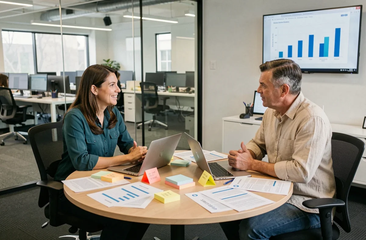 Deux collègues en réunion analysant des rapports de productivité dans un espace de coworking