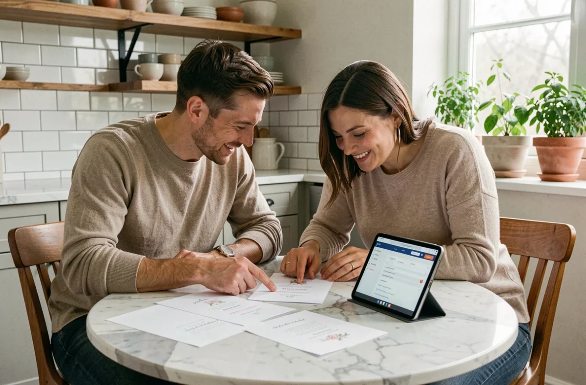 Couple choisissant ensemble le design de leur faire-part de mariage gratuit sur tablette et impressions papier