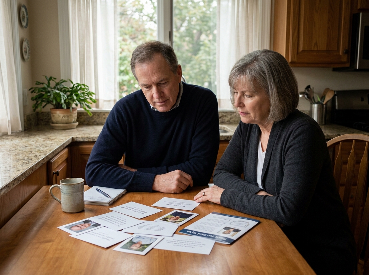 Couple examinant ensemble des exemples de messages de remerciements funéraires imprimés à la table de cuisine