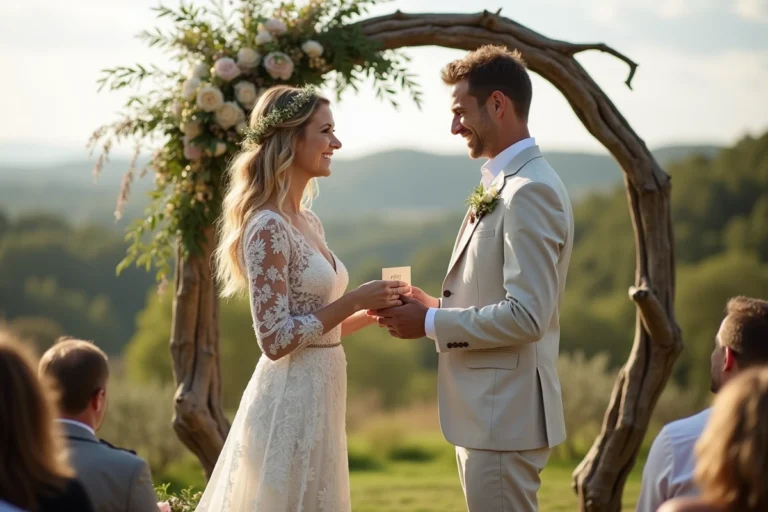 Jeune couple en mariage dans un jardin avec arche en bois