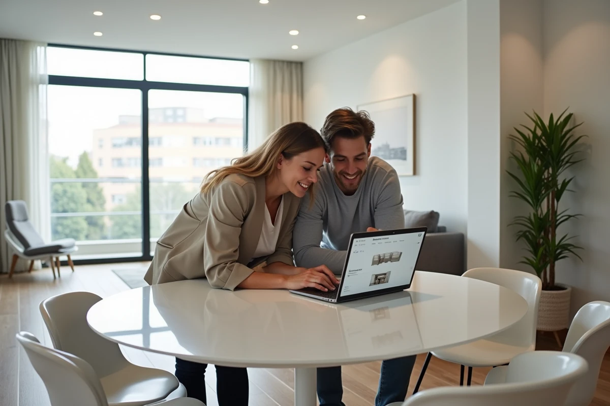 Couple recherchant du mobilier Roche Bobois d'occasion en ligne sur un ordinateur portable dans un appartement contemporain