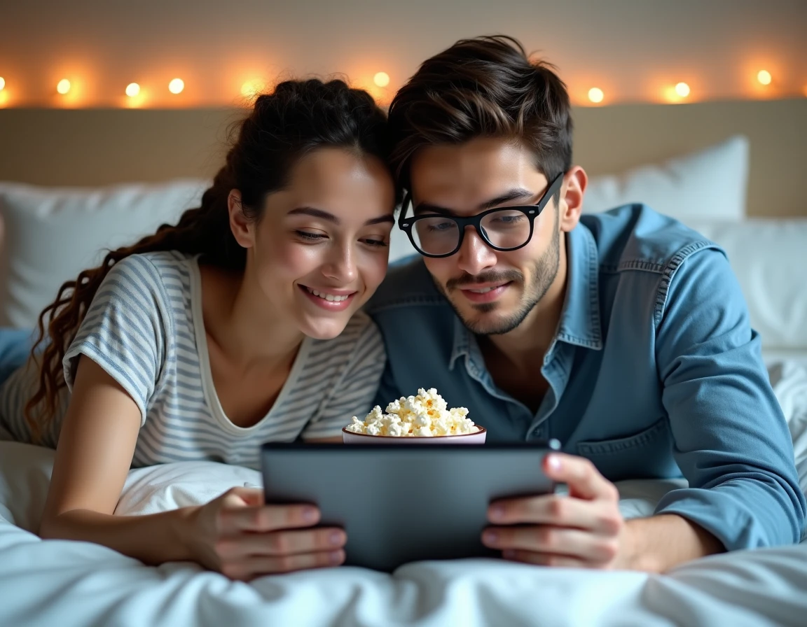 Couple regardant un catalogue de films en streaming sur tablette dans une chambre confortable