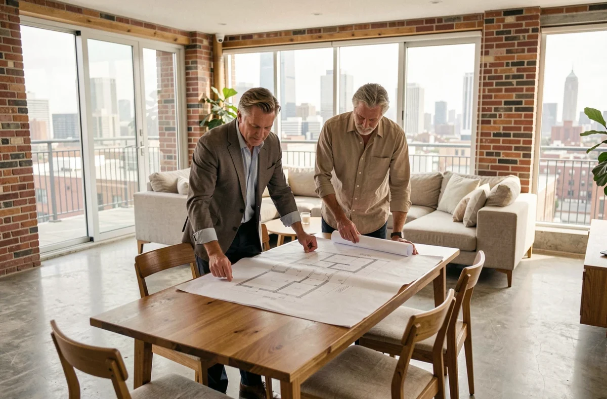 Couple étudiant des plans d'appartement dans un loft moderne avec vue urbaine, annonces immobilières 2024