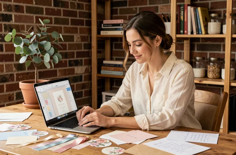 Jeune femme créant une carte d'invitation mariage personnalisée sur ordinateur portable dans un bureau cosy