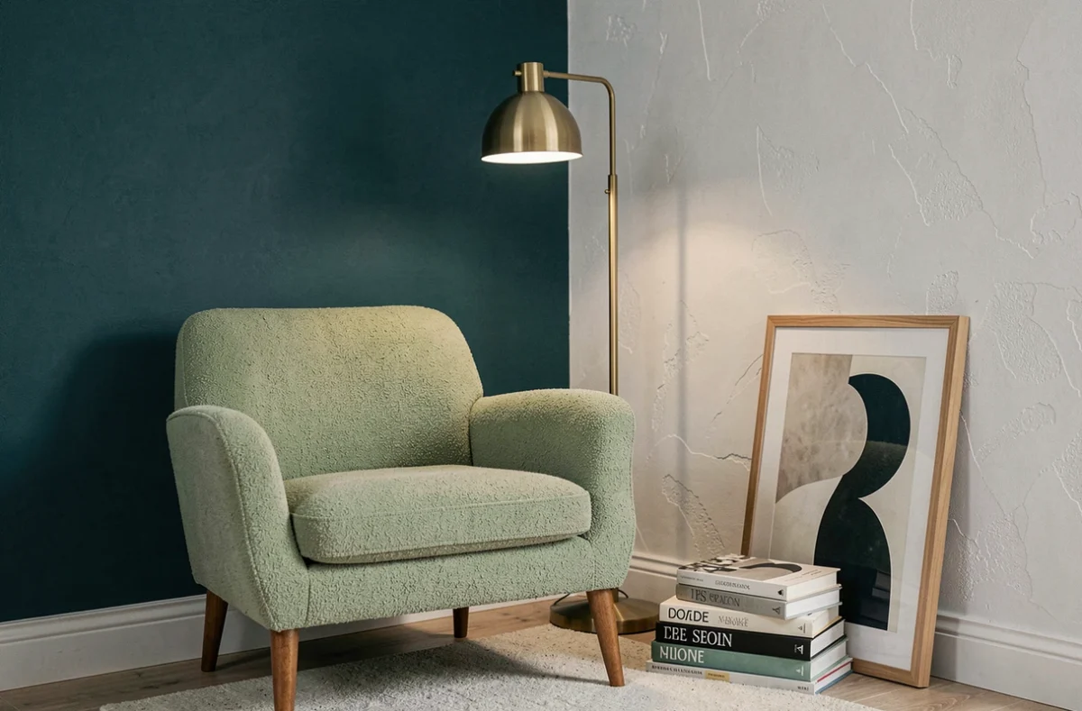 Coin chambre décoré avec fauteuil bouclé vert sauge, lampadaire en laiton et mur d'accent bleu sarcelle