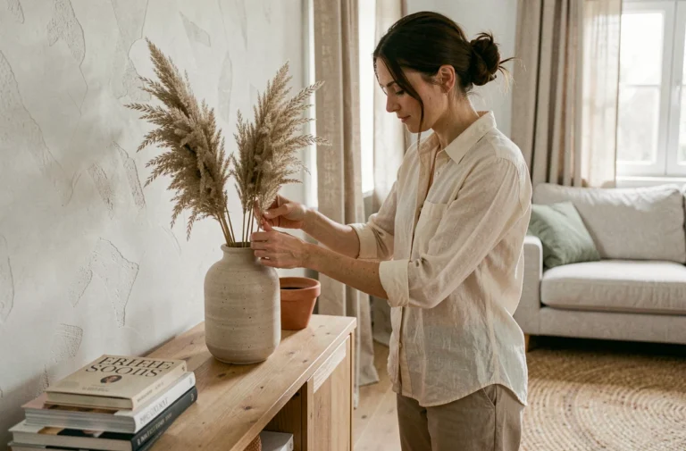 Femme arrangeant des herbes de pampa dans un vase en céramique dans un salon scandinave minimaliste