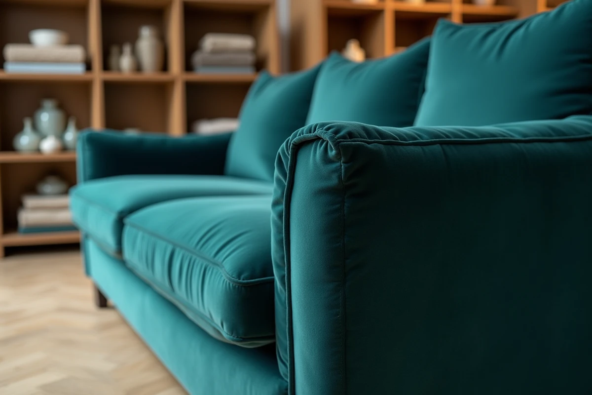 Détail d'un canapé modulable Roche Bobois d'occasion en velours bleu-vert avec étiquette de prix dans une boutique vintage