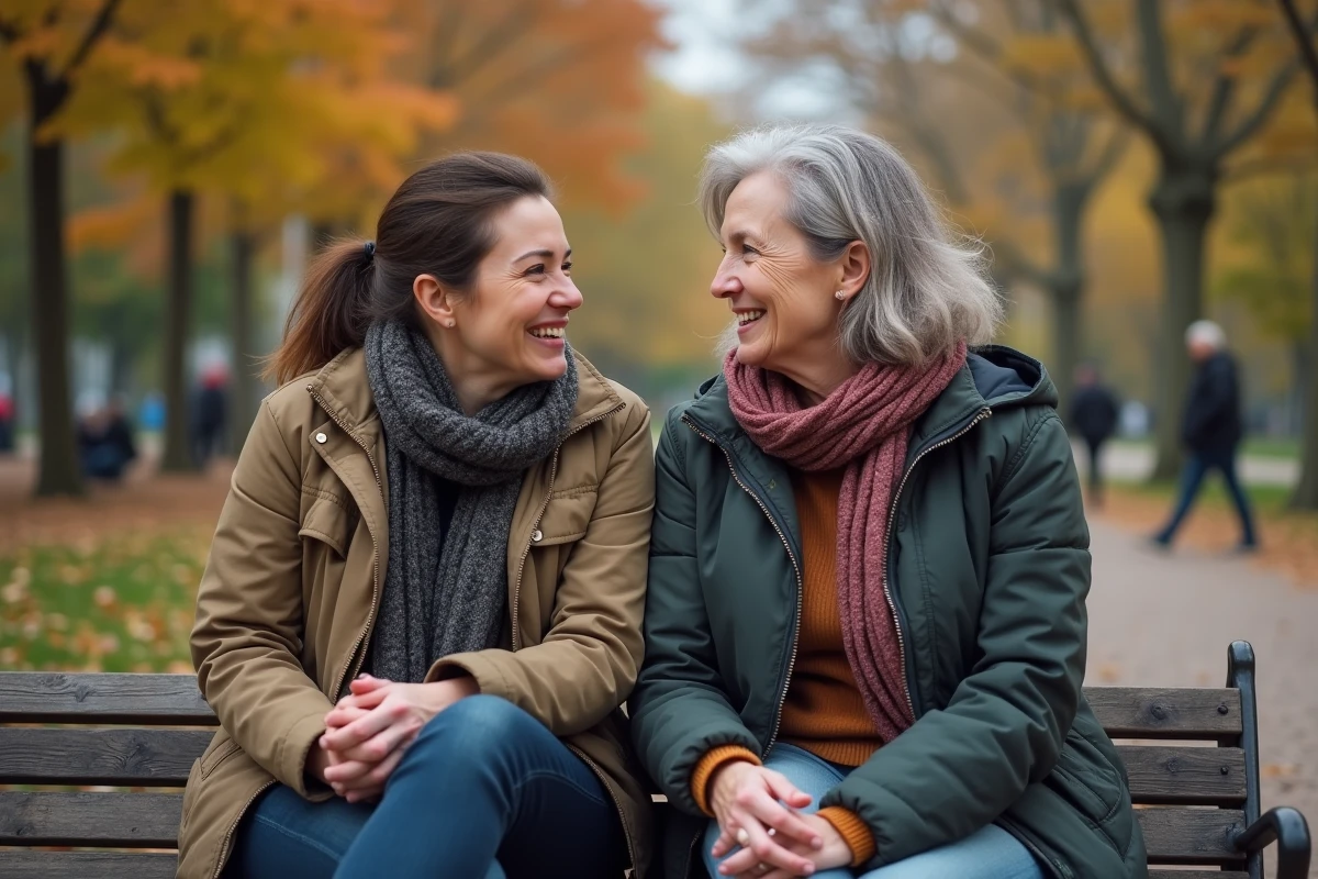 Deux femmes discutant sur un banc dans un parc urbain