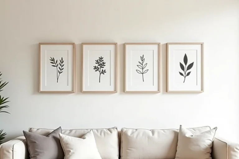 Cinq cadres identiques en bois blanc disposés en rangée symétrique sur un mur de salon scandinave avec canapé en lin