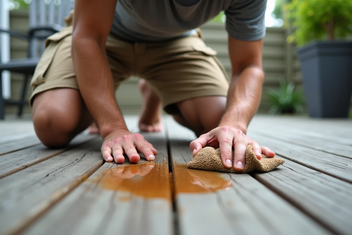 Homme appliquant du white spirit sur une tache de résine de pin sur des planches de terrasse en bois vieilli