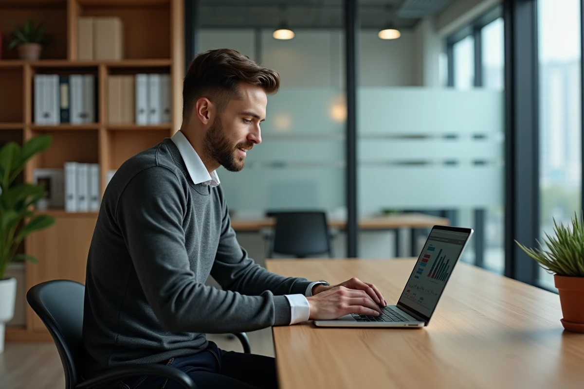 Entrepreneur concentré travaillant sur une plateforme de croissance d'entreprise innovante dans un bureau épuré