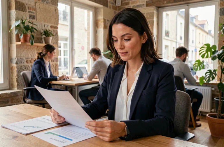 Entrepreneuse en couveuse d'entreprises en Charente-Maritime révisant ses documents dans un espace de coworking moderne