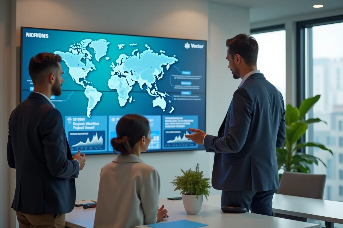 Équipe de professionnels discutant des nouvelles mondiales devant un écran dans un bureau moderne