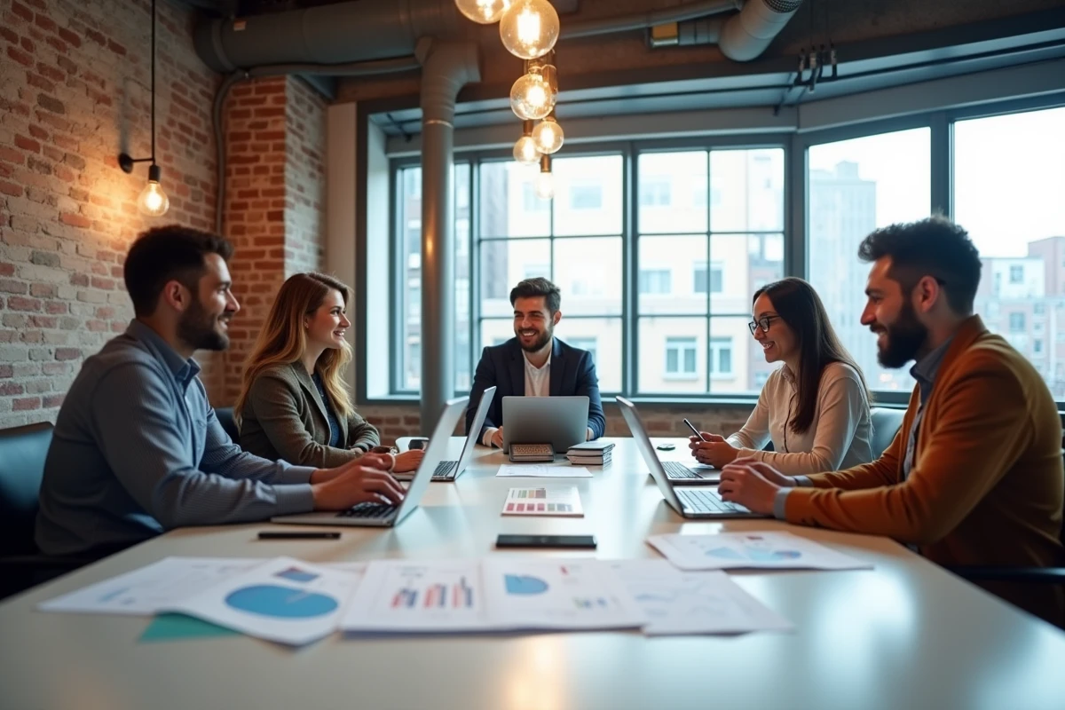 Équipe de professionnels collaborant autour de données et services innovants dans un espace de co-working moderne
