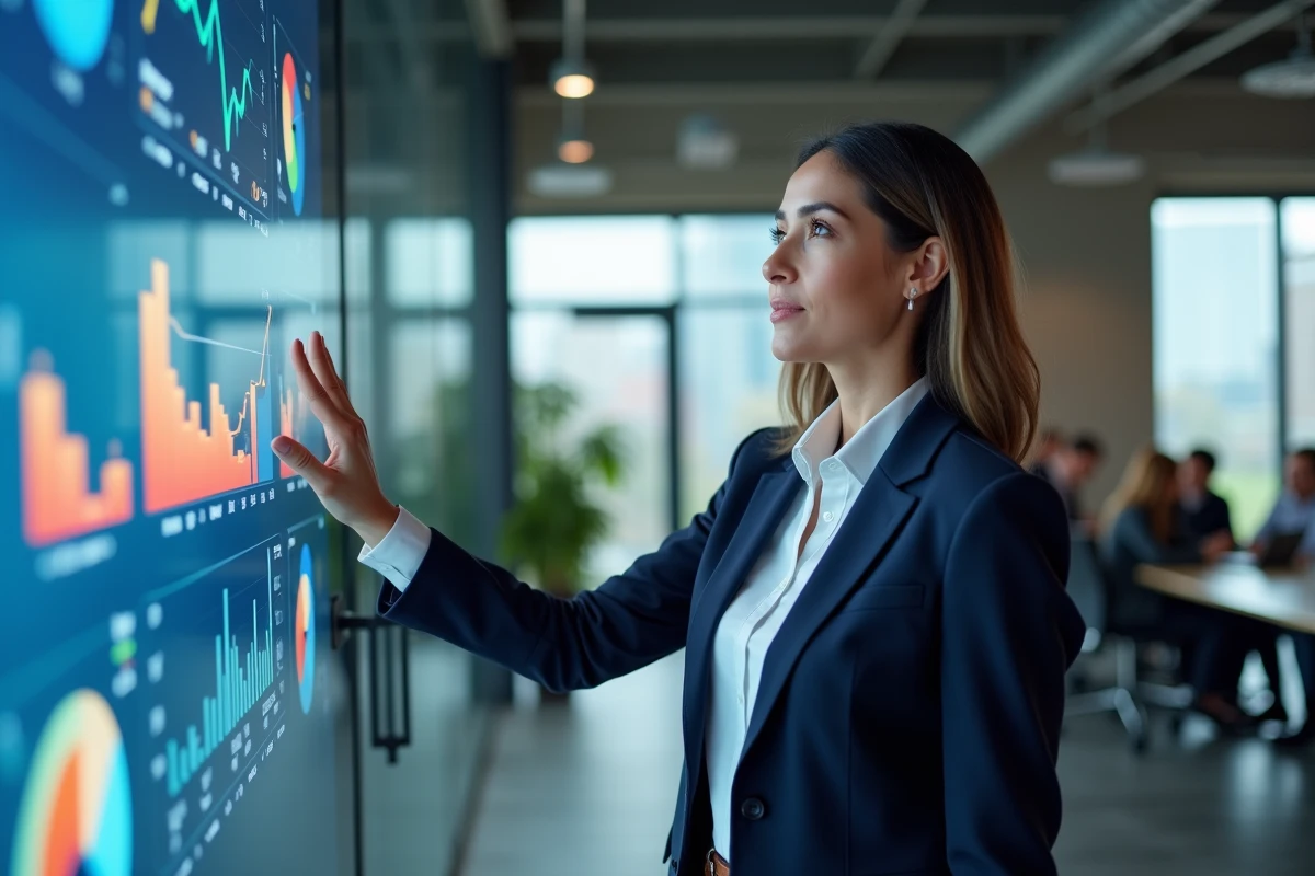Femme d'affaires présentant des tableaux de croissance sur un écran interactif dans un bureau moderne et innovant
