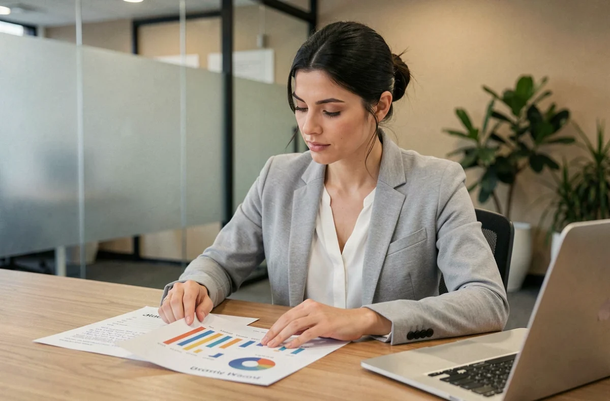 Femme professionnelle analysant des graphiques de productivité dans un bureau moderne
