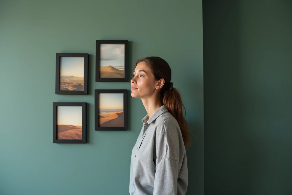 Femme observant l'arrangement de cinq cadres noirs identiques en croix asymétrique sur un mur vert sauge