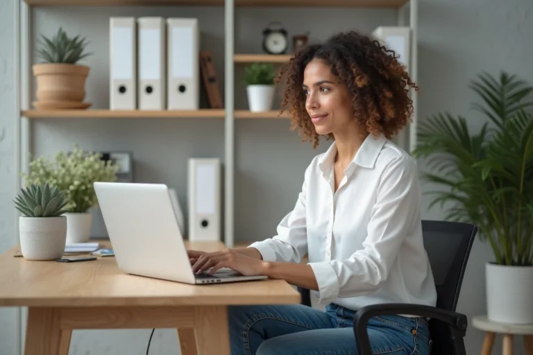 Femme au bureau organisé travaillant sur un ordinateur portable