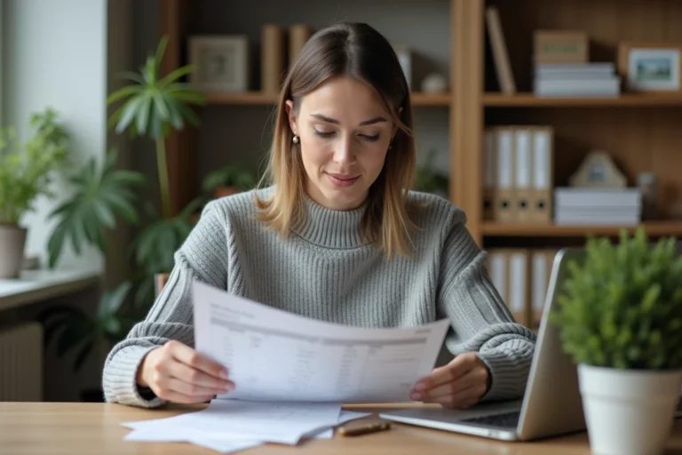 Femme consultant une quittance de loyer imprimée à son bureau à domicile