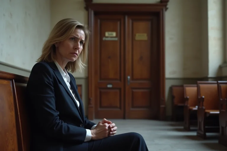 Femme inquiète assise seule dans le couloir d'un tribunal devant une salle d'audience du JAF