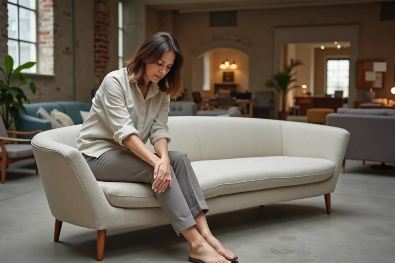 Femme inspectant un canapé design Roche Bobois d'occasion dans une boutique de mobilier de seconde main