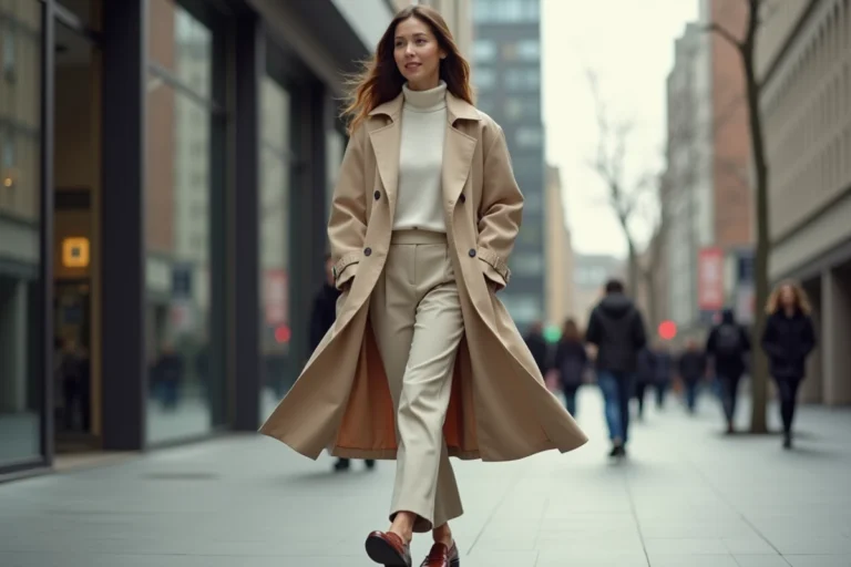 Femme élégante en trench dans une ville moderne