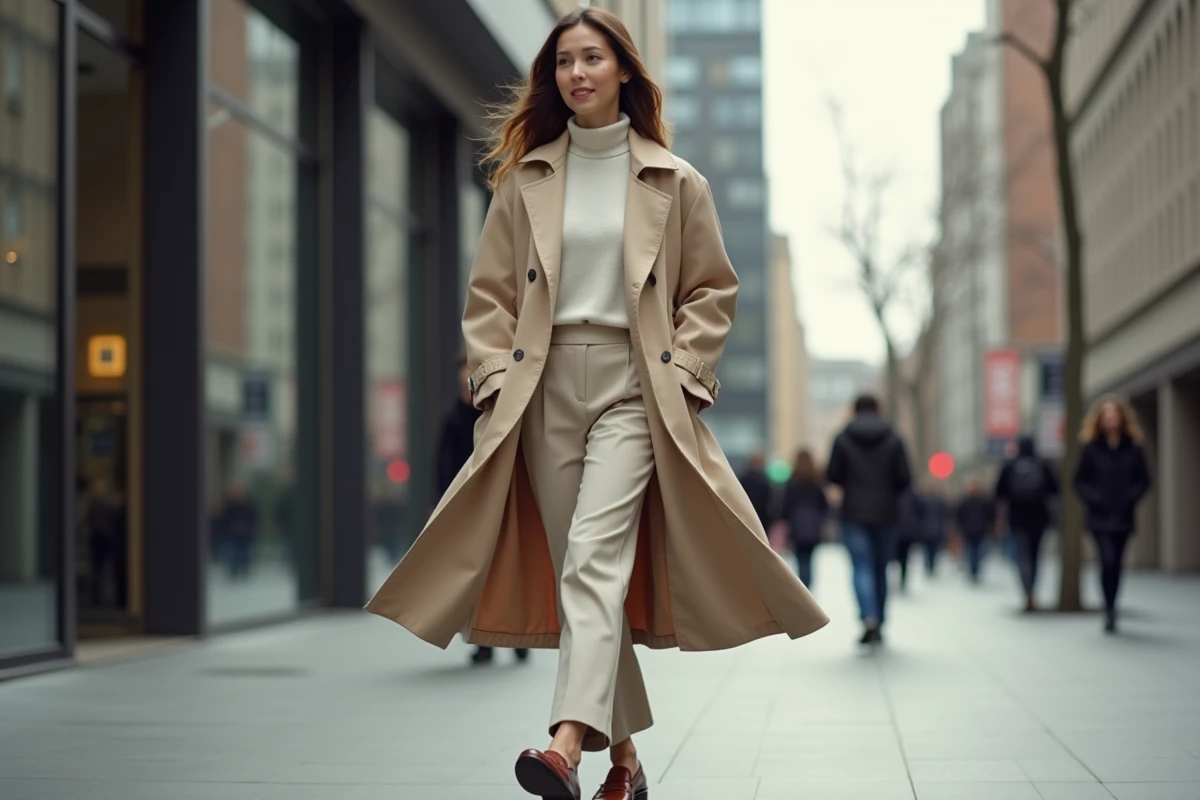 Femme élégante en trench dans une ville moderne