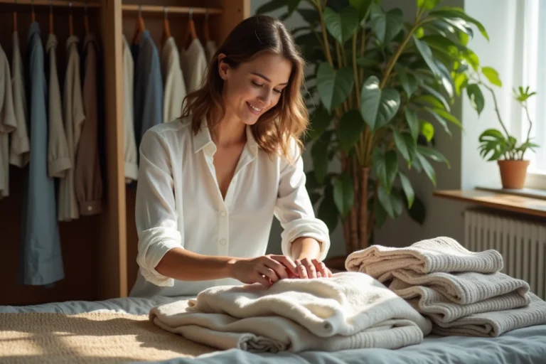 Femme rangeant ses vêtements en fibres naturelles dans une chambre lumineuse