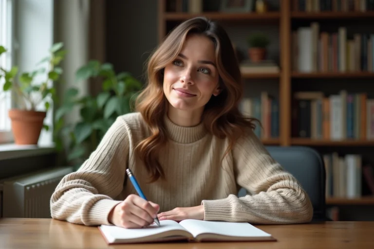 Femme se préparant à consulter un psychologue en écrivant ses pensées dans un carnet avant sa première séance