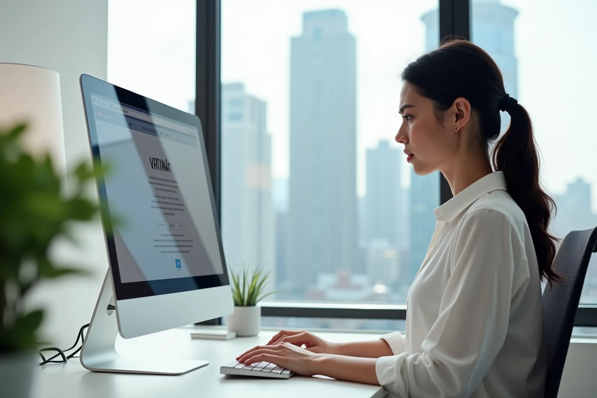 Femme recherchant la nouvelle URL d'un site de téléchargement sur un ordinateur de bureau dans un appartement moderne