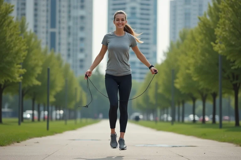 Femme sportive sautant à la corde en extérieur
