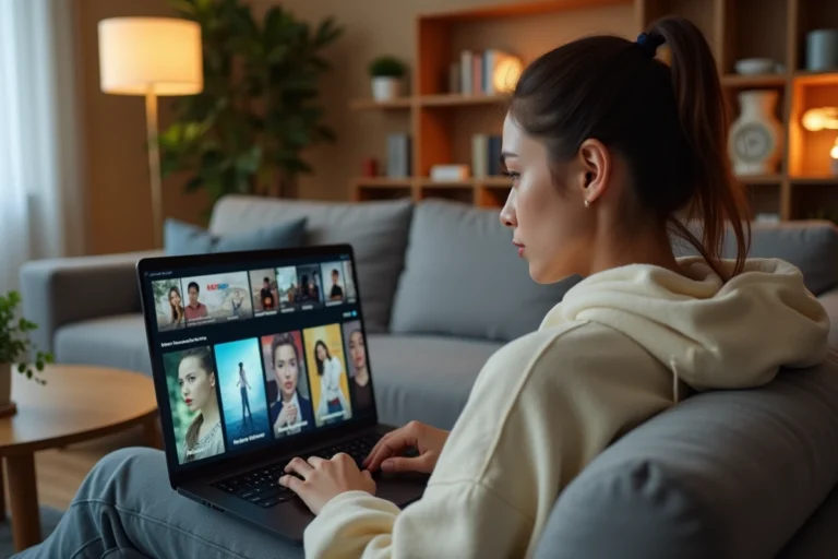 Jeune femme naviguant sur un site de streaming depuis son canapé avec un ordinateur portable
