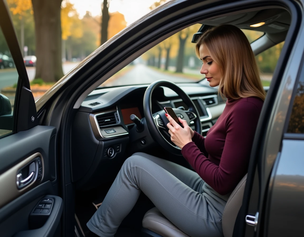 Femme lisant l'actualité automobile sur smartphone installée dans un SUV de luxe en extérieur en automne