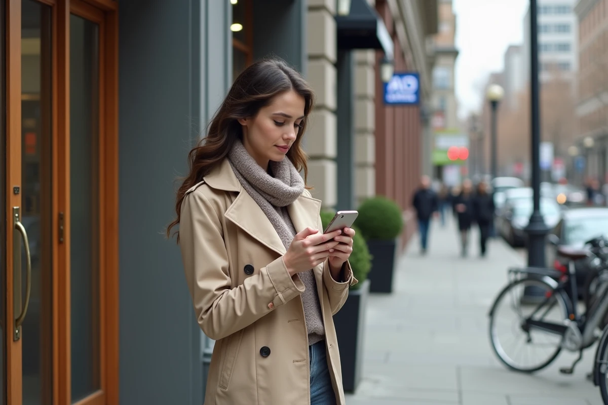 Jeune femme vérifiant une adresse avec son smartphone dehors