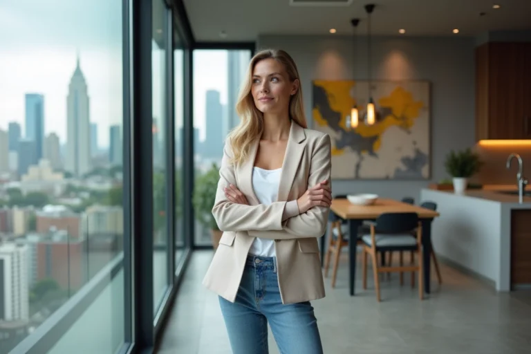 Femme confiante regardant la ville depuis son appartement