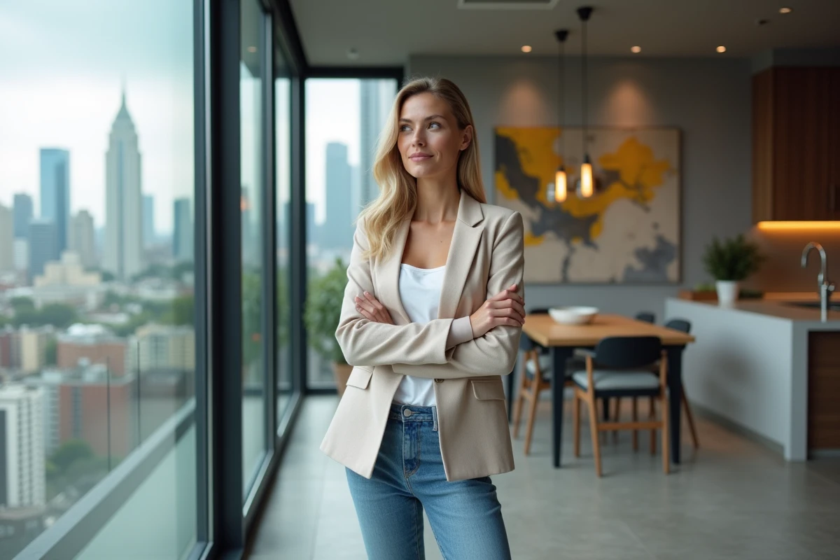 Femme confiante regardant la ville depuis son appartement