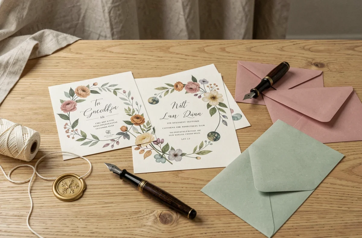 Flat lay d'invitations mariage imprimées avec cachet de cire, plume et enveloppes décoratives sur table en bois
