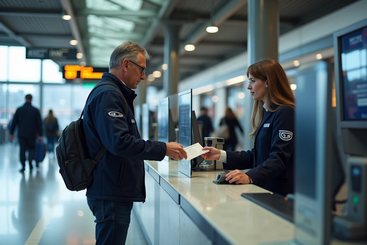 Homme au guichet SNCF demandant un changement de nom sur son billet de train à un agent