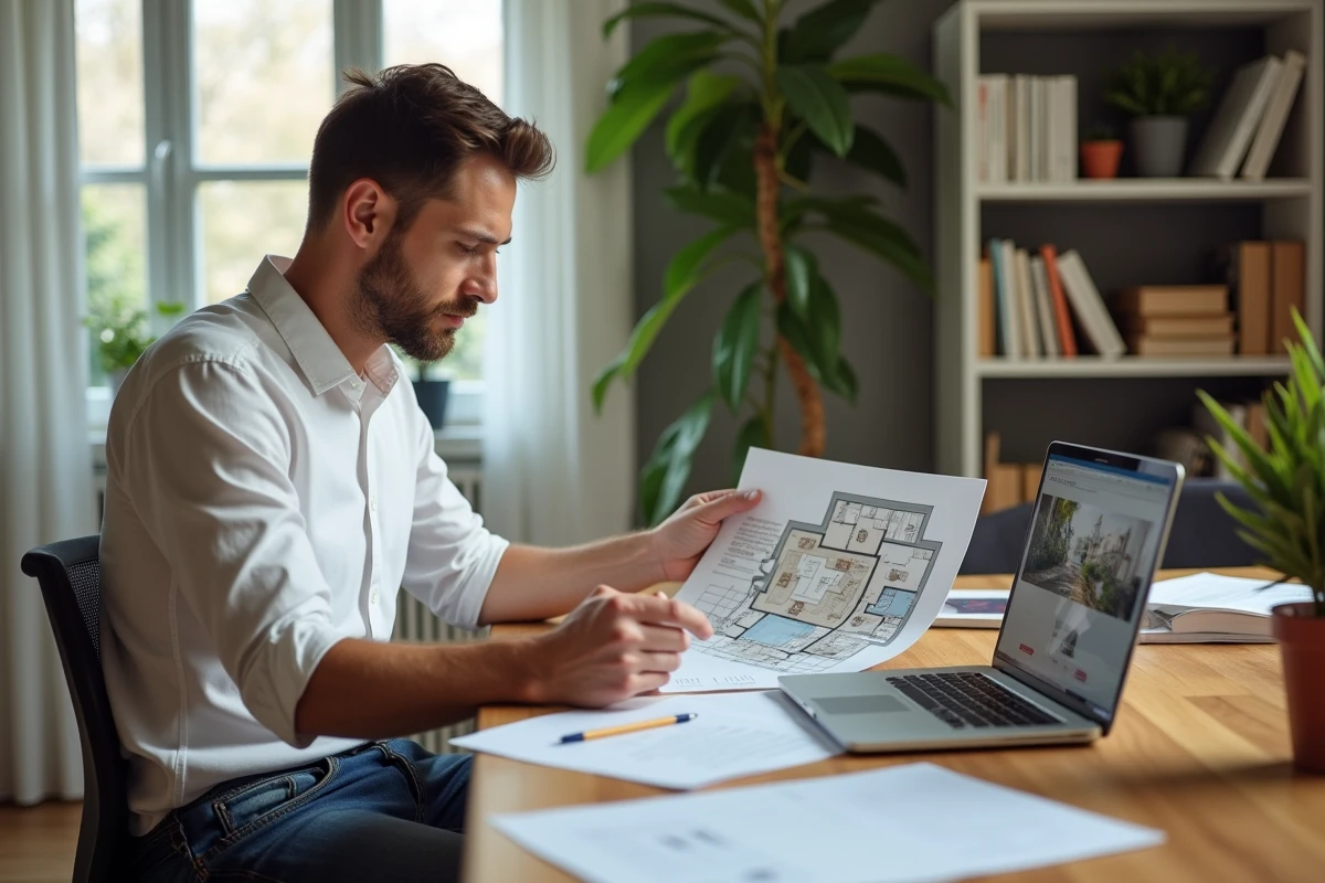 Homme consultant des documents immobiliers et un plan d'appartement sur son bureau à domicile lors d'une recherche d'achat