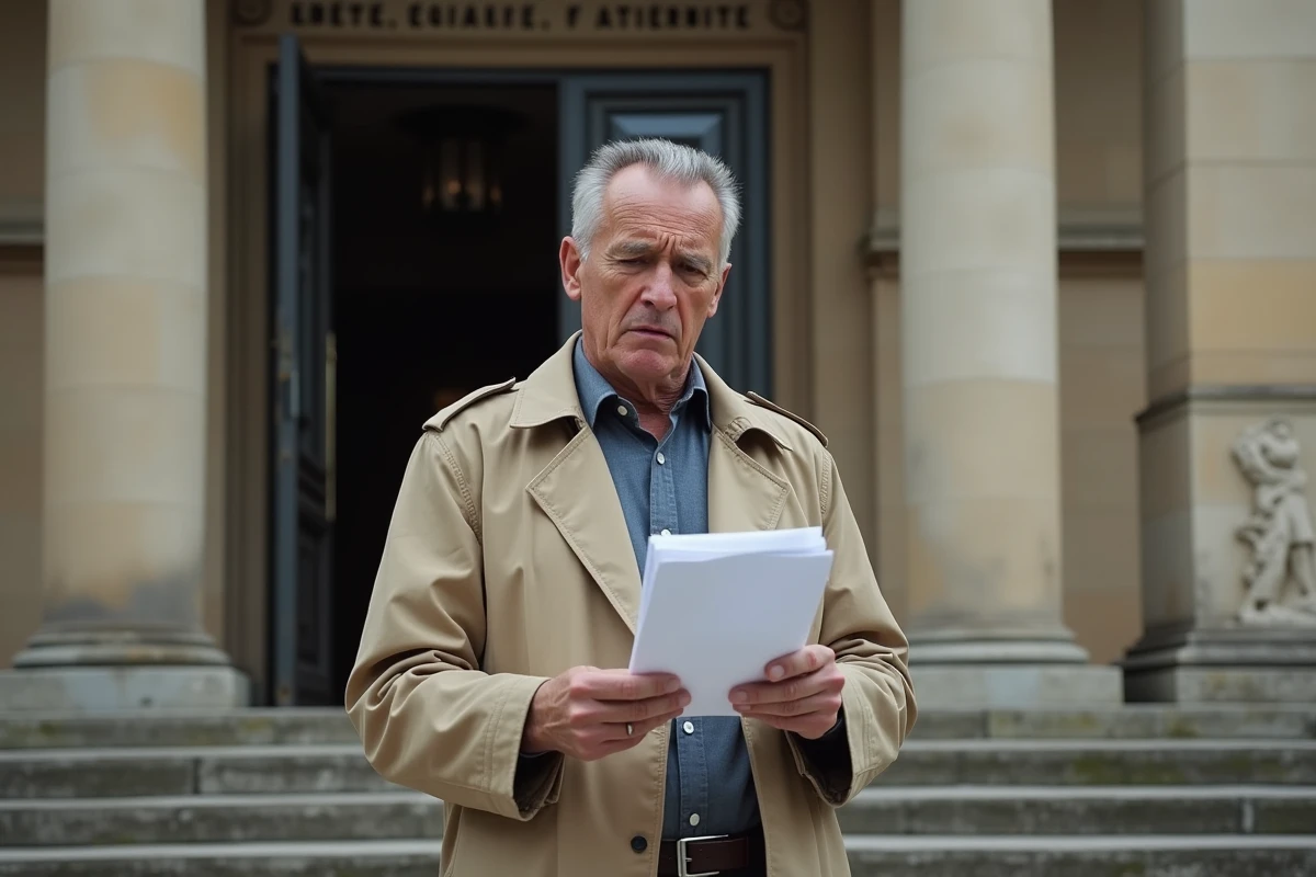 Homme lisant une convocation officielle devant l'entrée d'un palais de justice en France